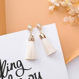 White and Gold Dangly Cute Pearl Tassel Handmade Earrings